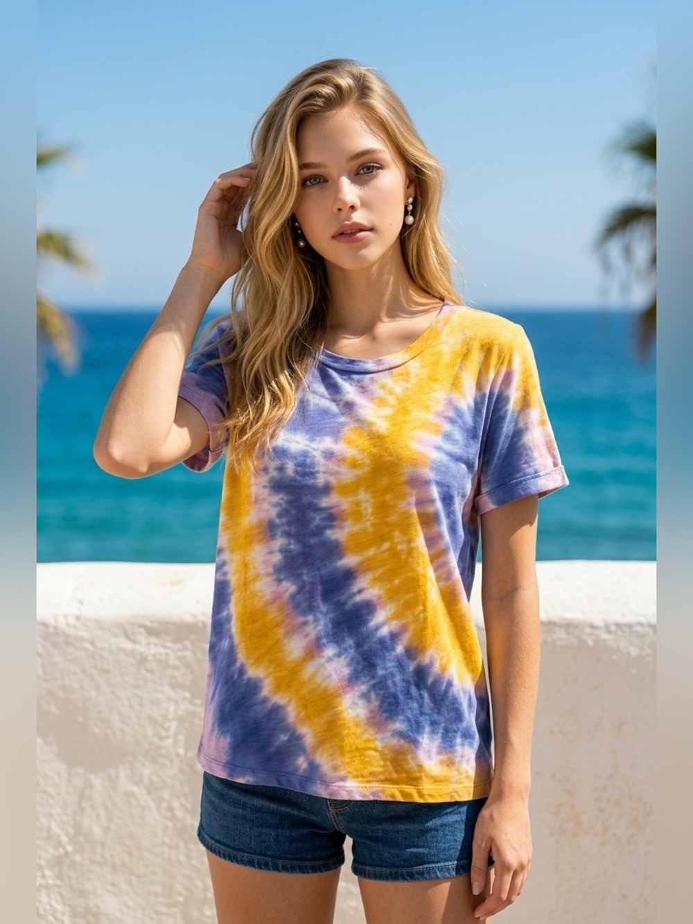 Eri & Ali Blue Yellow Spiral Tie Dye Crewneck T-Shirt Short Sleeve Tee